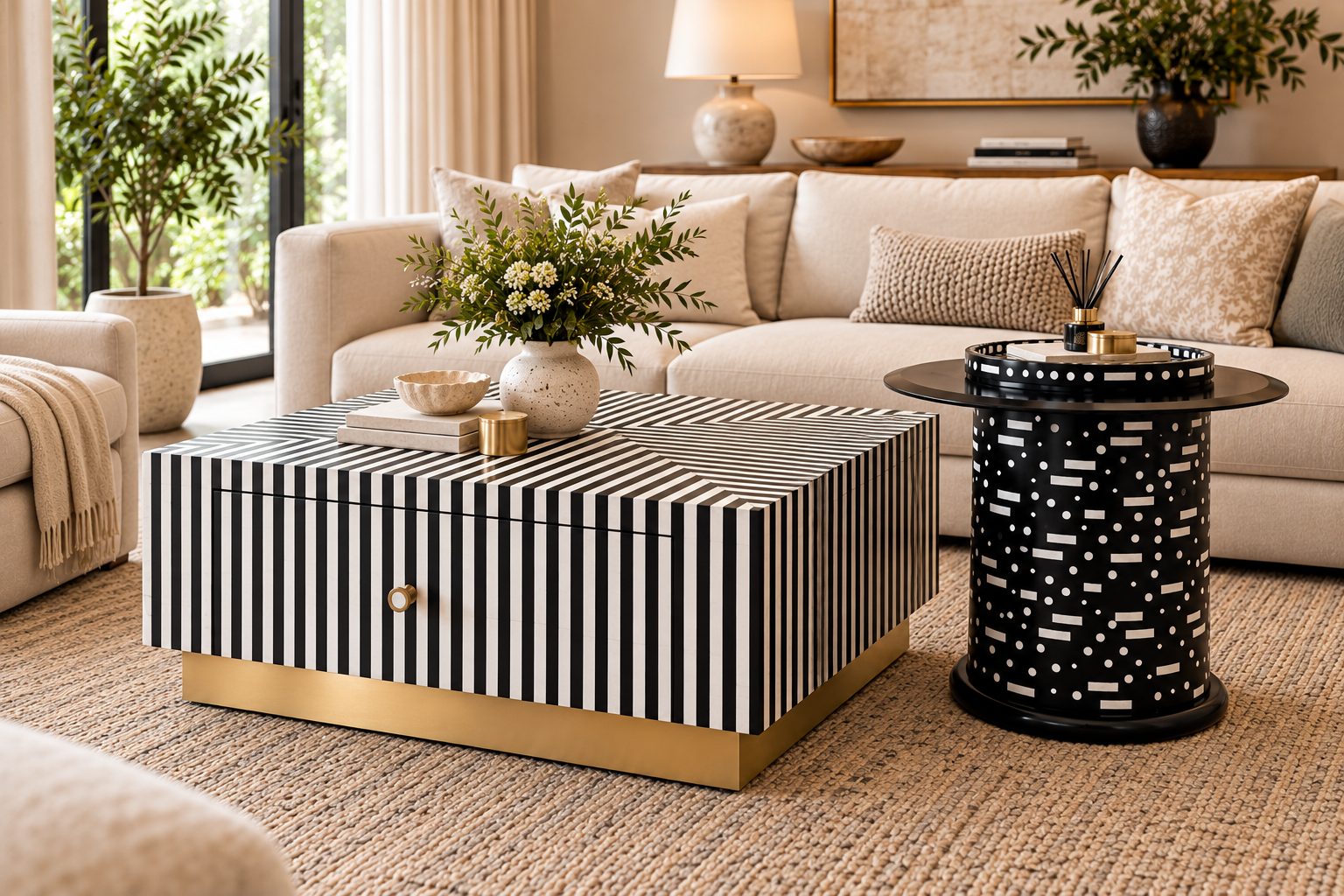 Bone Inlay Coffee Table Set of 2 with 1 Drawer, Black and White Square Coffee Table and Round Side Table with Grey Glass and Brass Stand