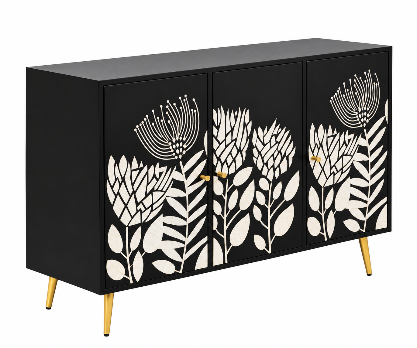 Bone Inlay 3 Door 3 Drawer Cabinet Chest Black and White Floral Design