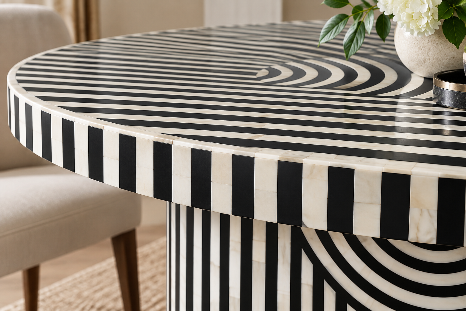 Bone Inlay Black Dining Table – Geometric Pattern Dining Room Table