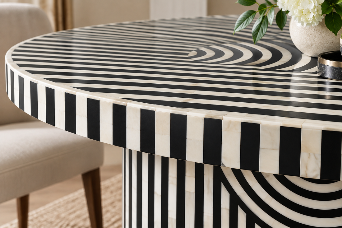 Bone Inlay Black Dining Table – Geometric Pattern Dining Room Table