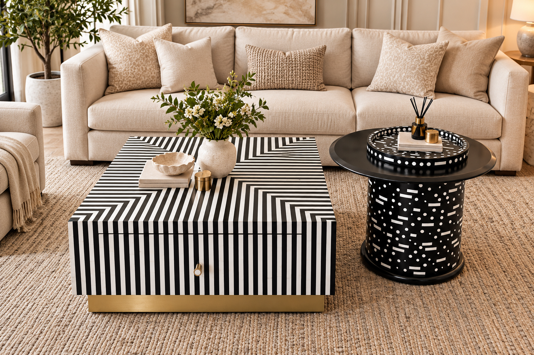 Bone Inlay Coffee Table Set of 2 with 1 Drawer, Black and White Square Coffee Table and Round Side Table with Grey Glass and Brass Stand