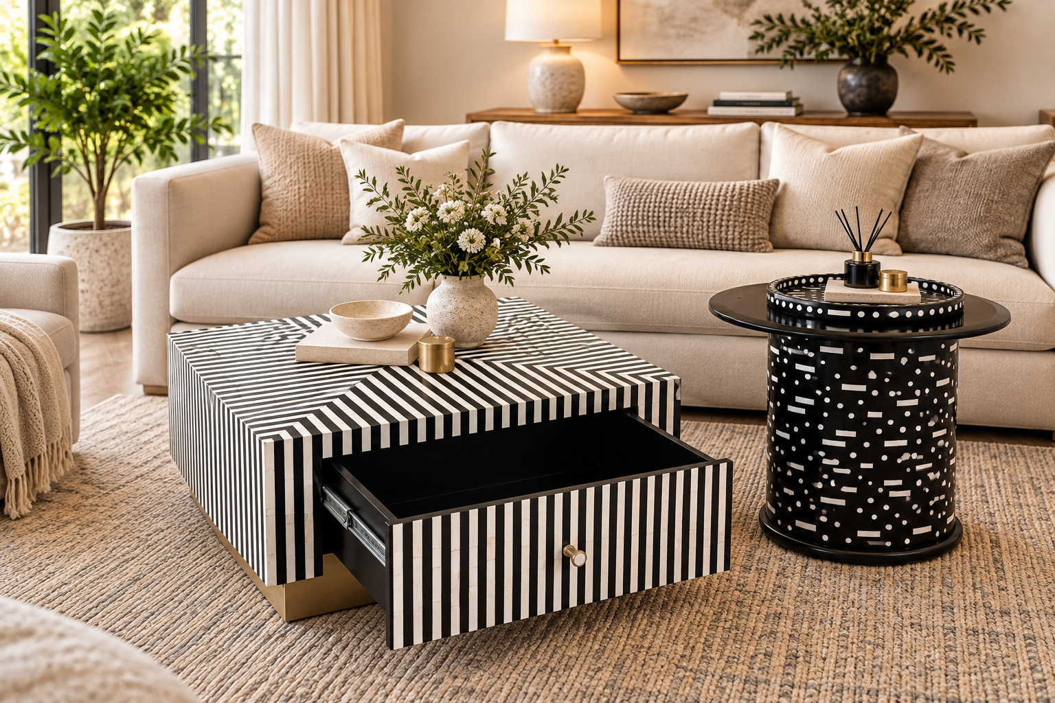Bone Inlay Coffee Table Set of 2 with 1 Drawer, Black and White Square Coffee Table and Round Side Table with Grey Glass and Brass Stand