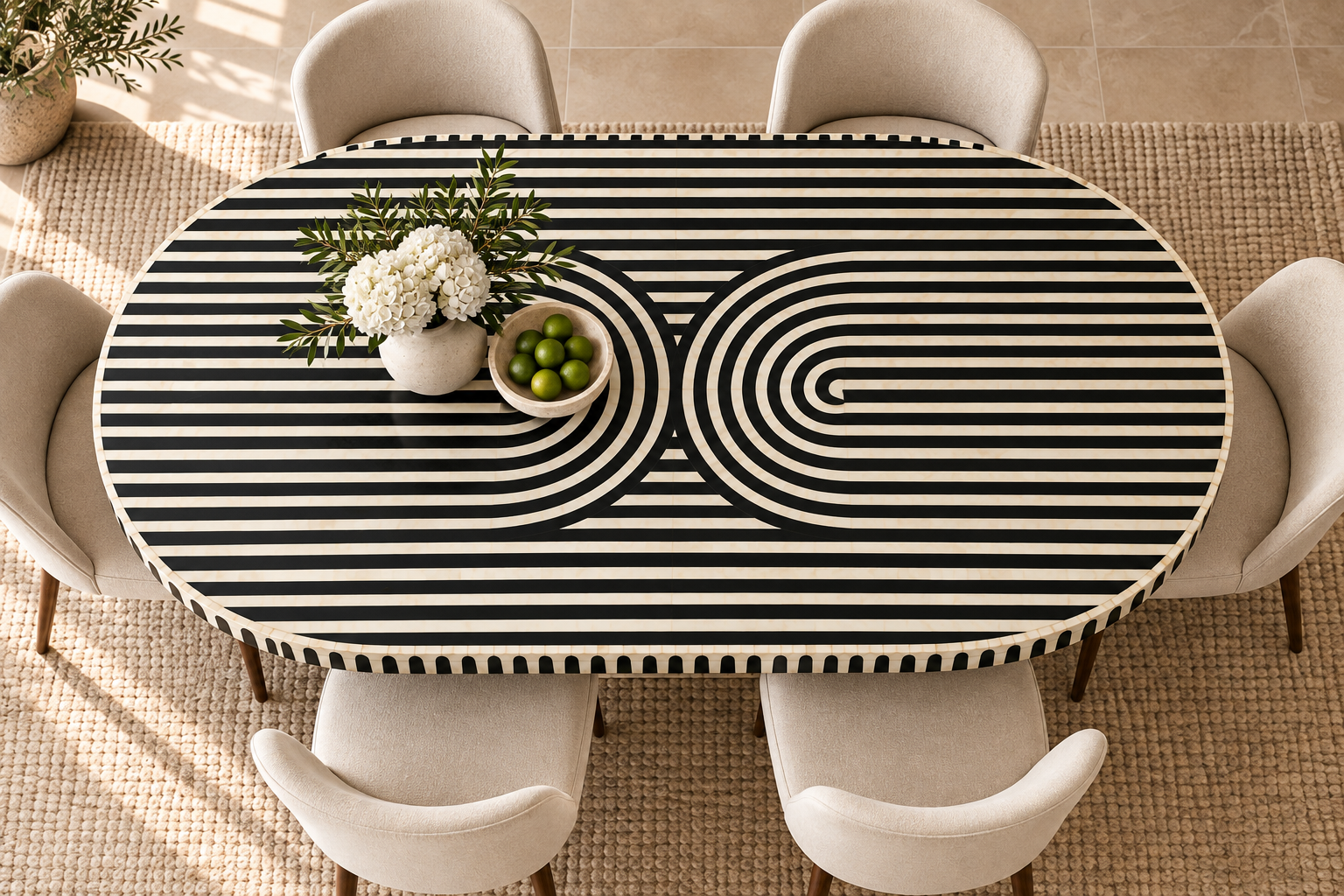 Bone Inlay Black Dining Table – Geometric Pattern Dining Room Table