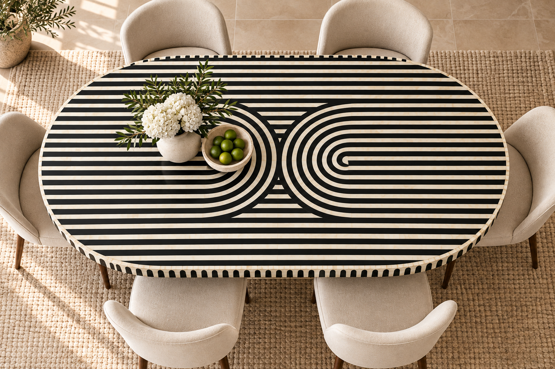 Bone Inlay Black Dining Table – Geometric Pattern Dining Room Table