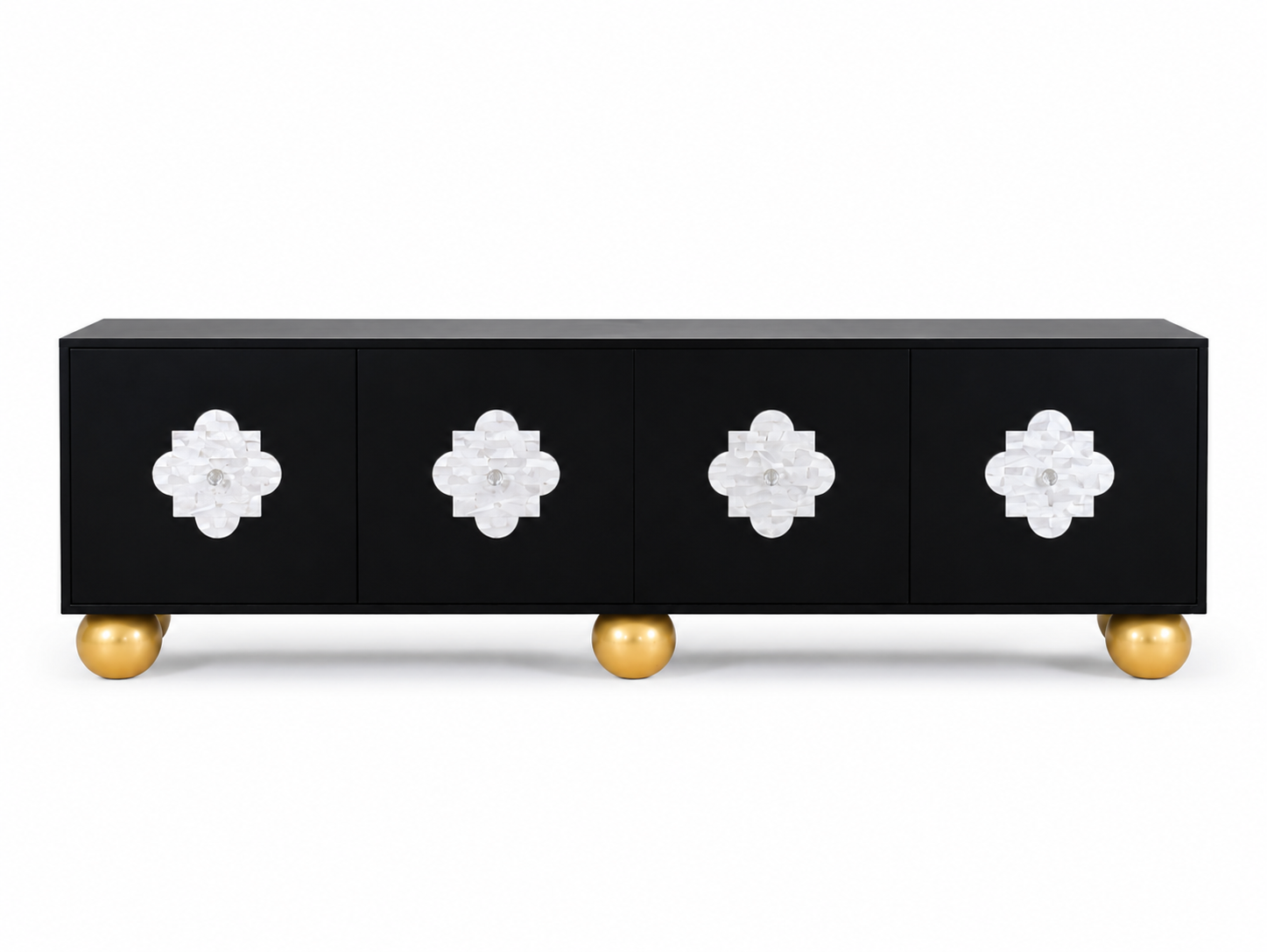 Mother of Pearl Inlay Black 4-Door TV Unit Media Cabinet