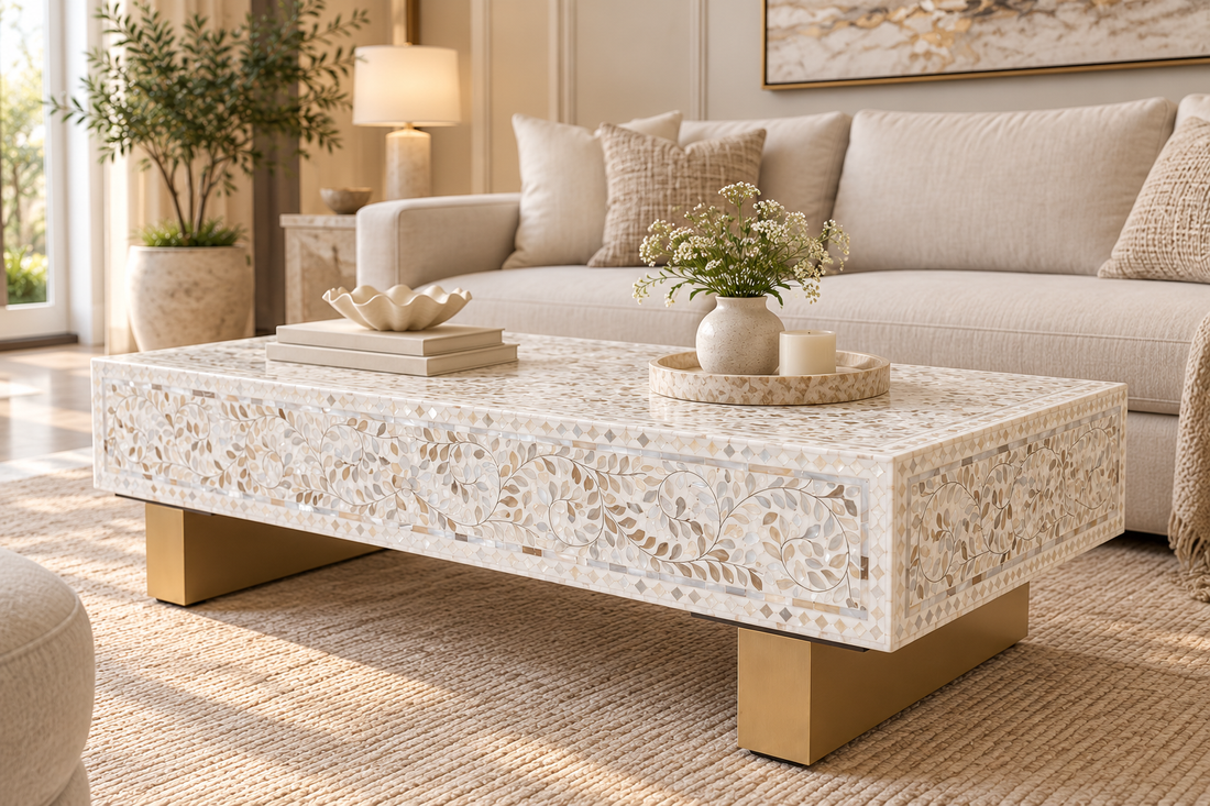 Mother of Pearl Inlay Rectangle Coffee Table – White with Brass Legs