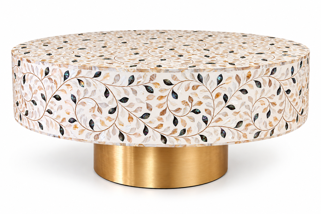Mother of Pearl Inlay Round Coffee Table – White with Black Accents and Brass Base
