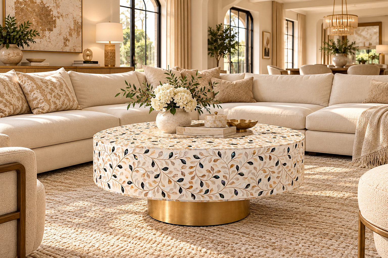 Mother of Pearl Inlay Round Coffee Table – White with Black Accents and Brass Base