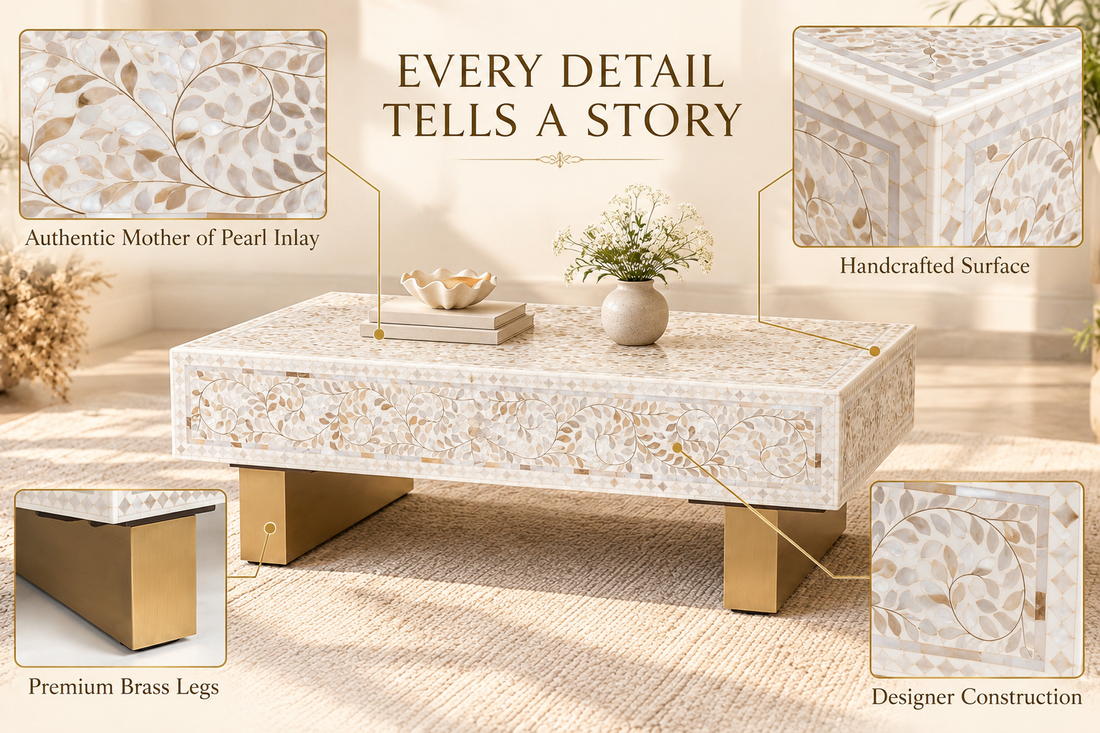 Mother of Pearl Inlay Rectangle Coffee Table – White with Brass Legs