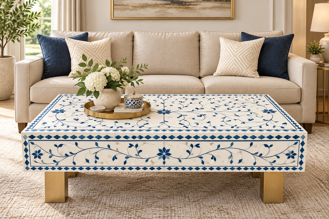 Blue and White Bone Inlay Rectangular Coffee Table with Floral Design and Brass Legs