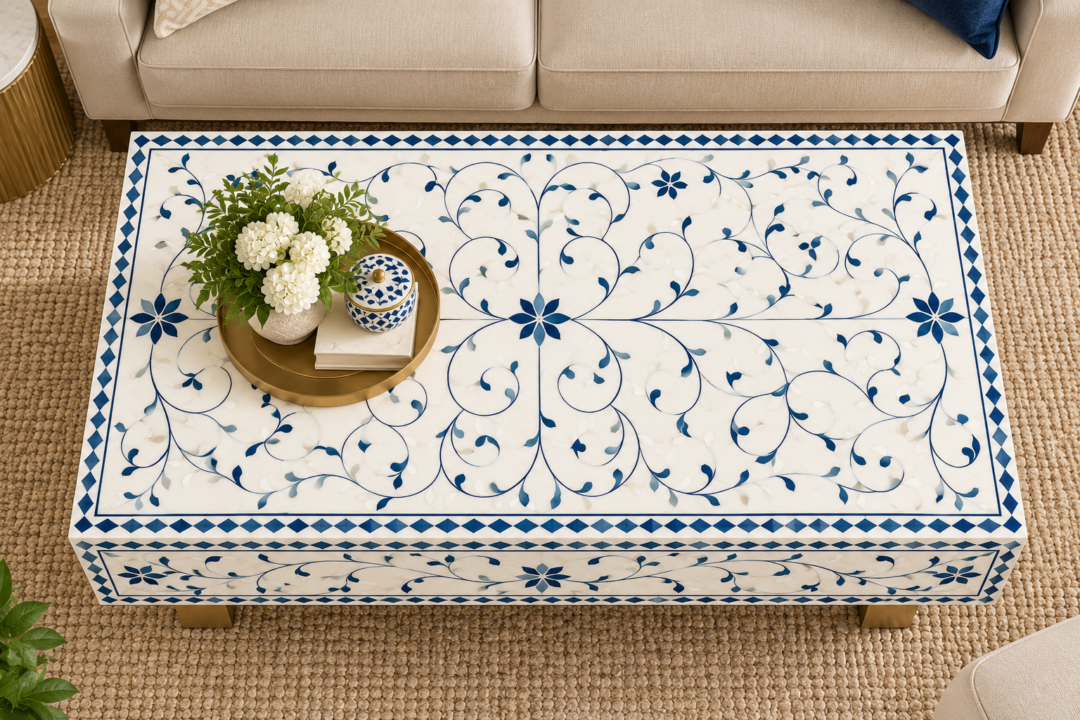 Blue and White Bone Inlay Rectangular Coffee Table with Floral Design and Brass Legs