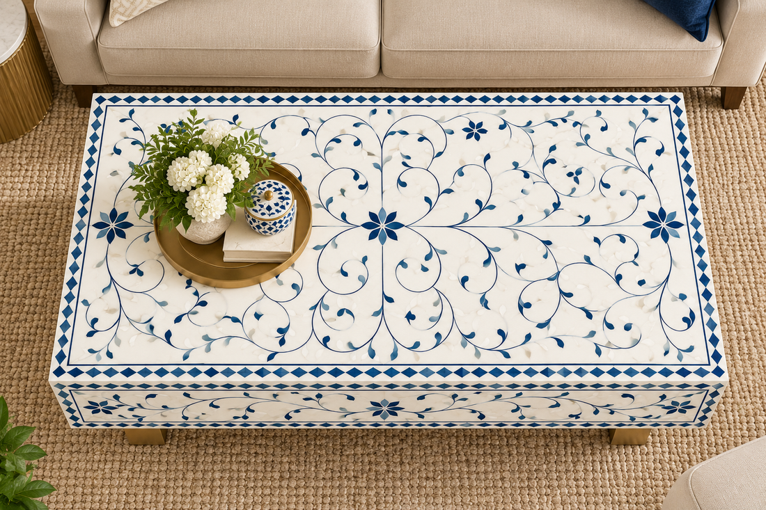 Blue and White Bone Inlay Rectangular Coffee Table with Floral Design and Brass Legs