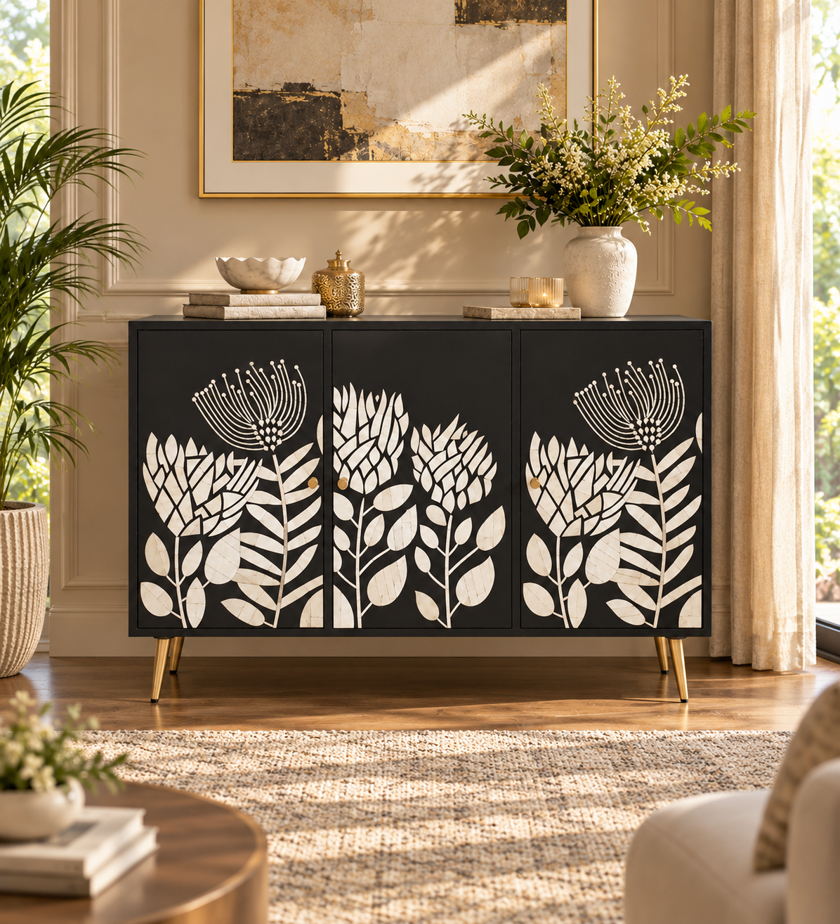 Bone Inlay 3 Door 3 Drawer Cabinet Chest Black and White Floral Design