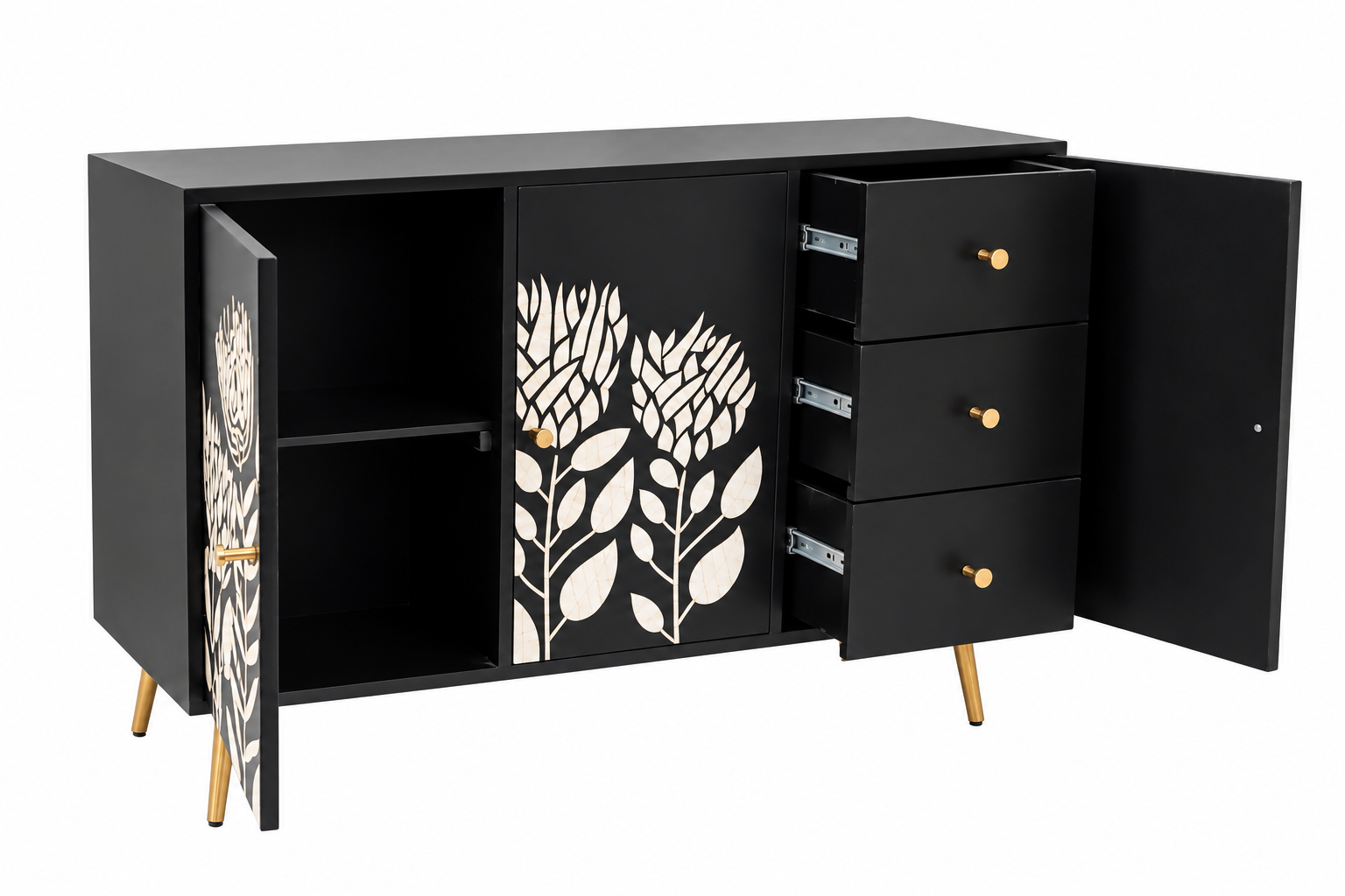 Bone Inlay 3 Door 3 Drawer Cabinet Chest Black and White Floral Design