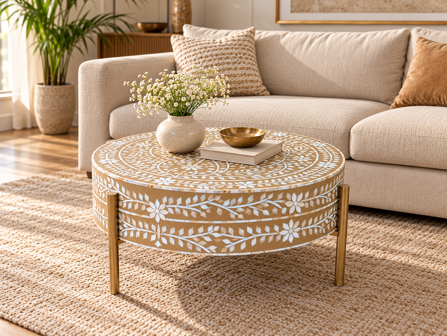 Brown and White Mother of pearl Inlay Round Coffee Table with Golden Legs