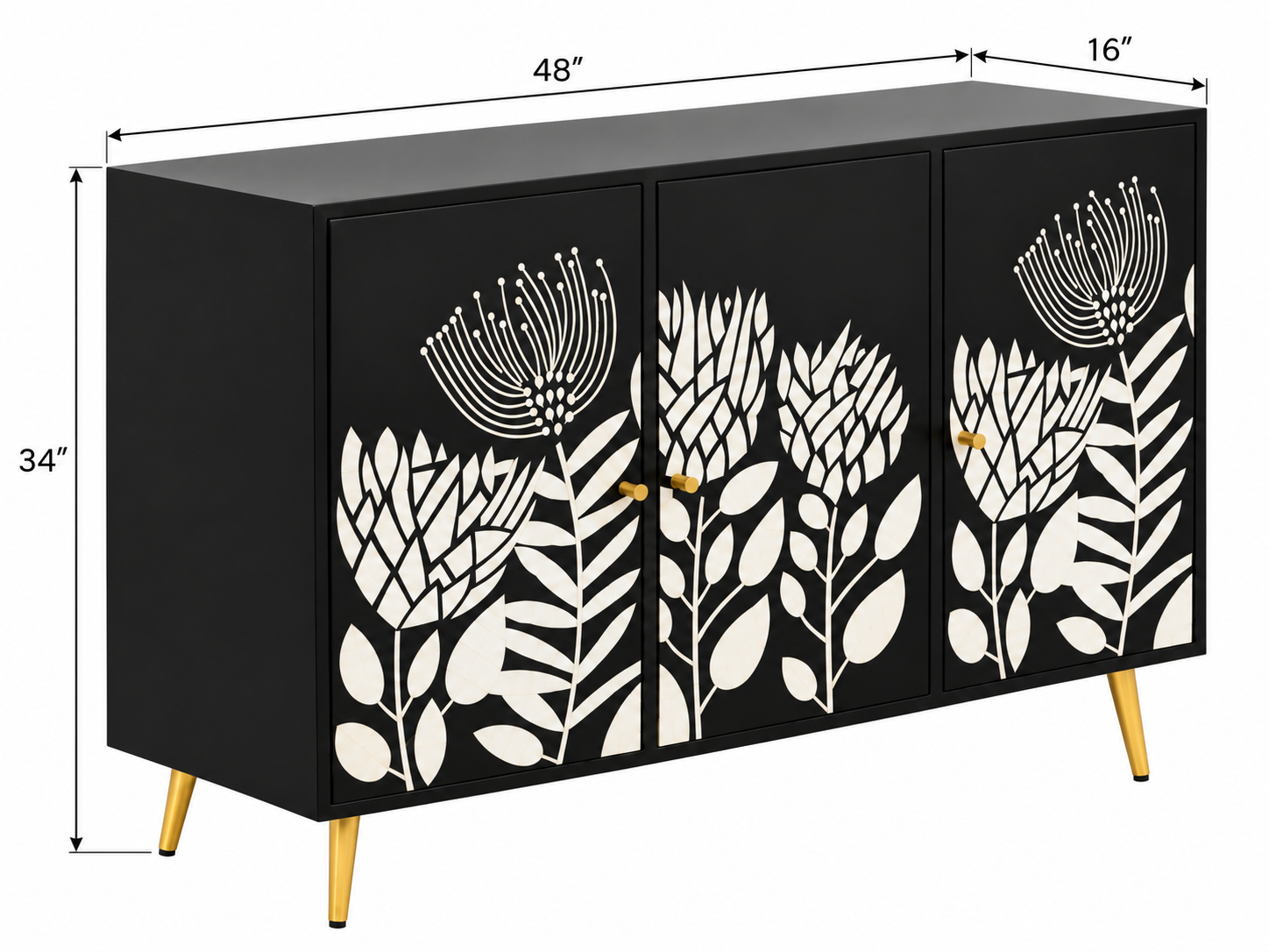 Bone Inlay 3 Door 3 Drawer Cabinet Chest Black and White Floral Design