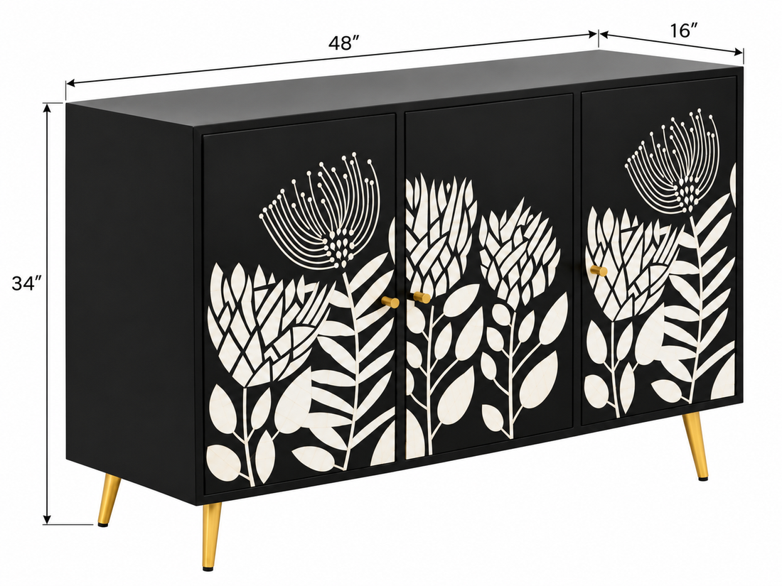 Bone Inlay 3 Door 3 Drawer Cabinet Chest Black and White Floral Design