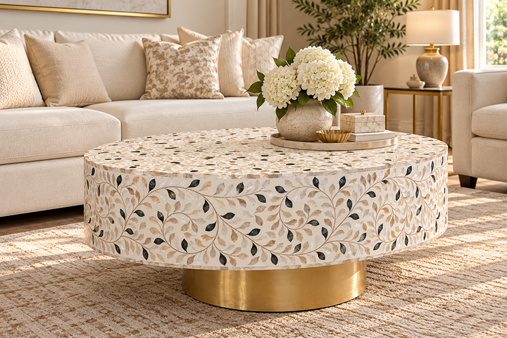 Mother of Pearl Inlay Round Coffee Table – White with Black Accents and Brass Base