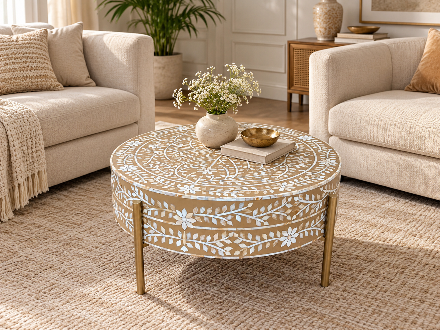 Brown and White Mother of pearl Inlay Round Coffee Table with Golden Legs