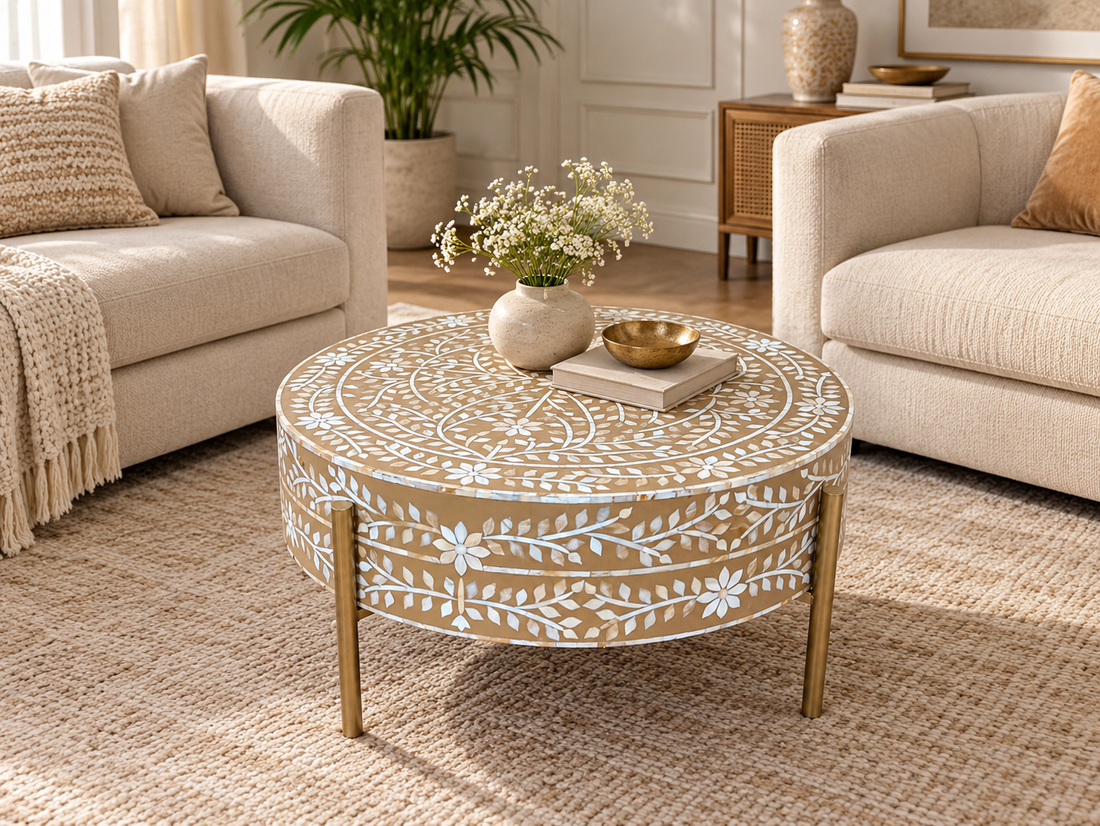 Brown and White Mother of pearl Inlay Round Coffee Table with Golden Legs