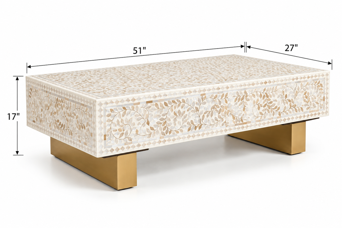 Mother of Pearl Inlay Rectangle Coffee Table – White with Brass Legs