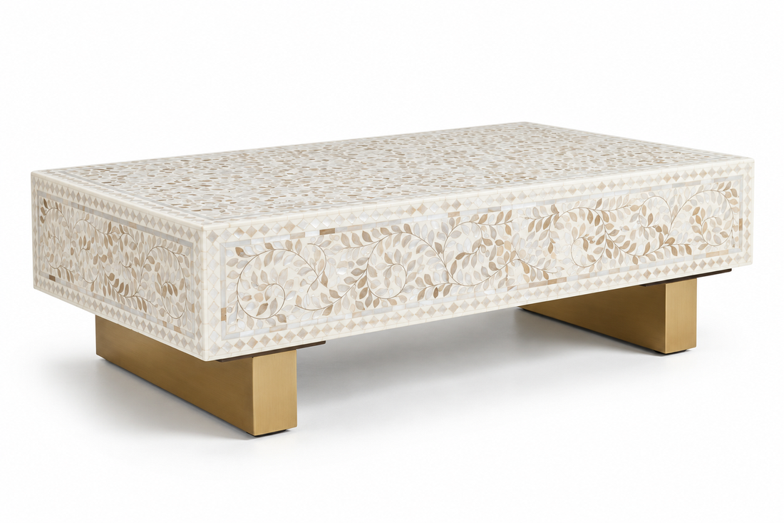 Mother of Pearl Inlay Rectangle Coffee Table – White with Brass Legs