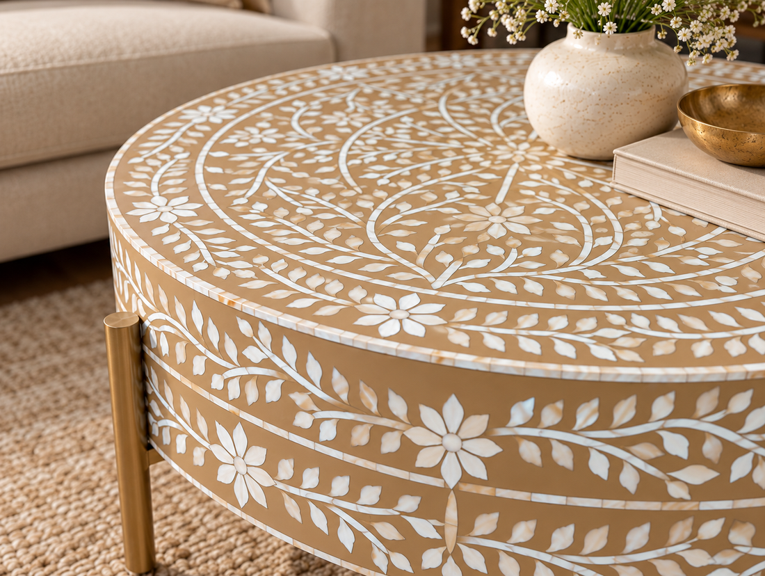 Brown and White Mother of pearl Inlay Round Coffee Table with Golden Legs