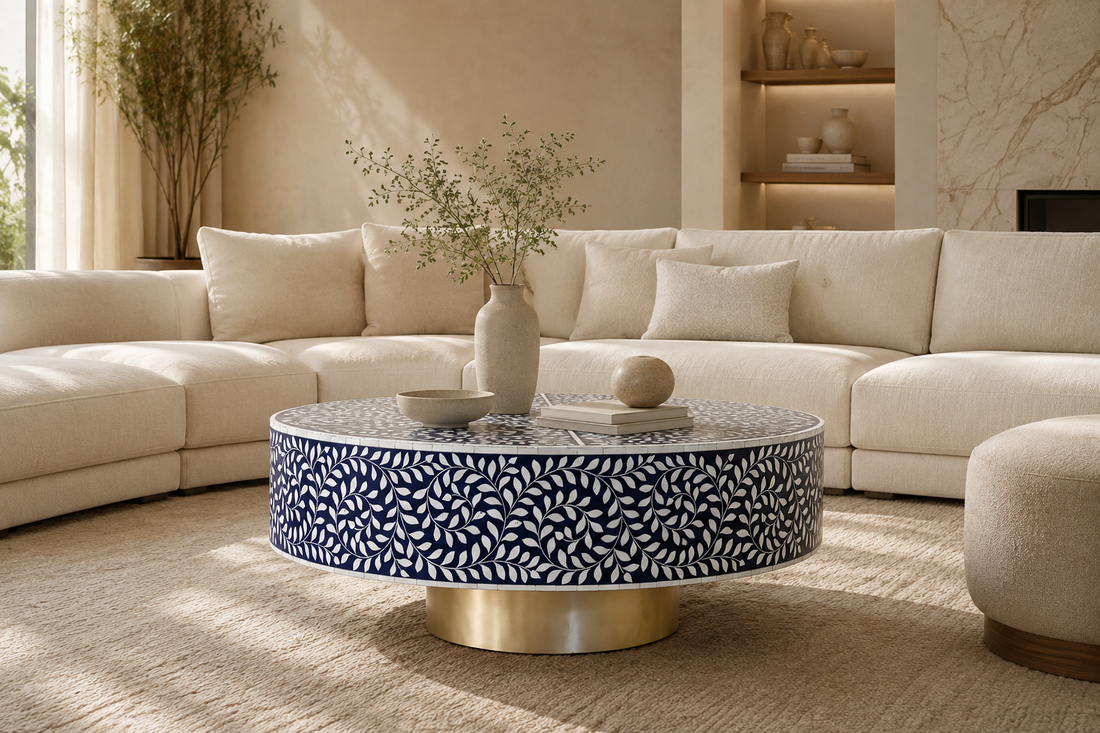 Navy Blue Bone Inlay Round Coffee Table with Brass Pedestal Base | Handmade Bone Inlay Furniture