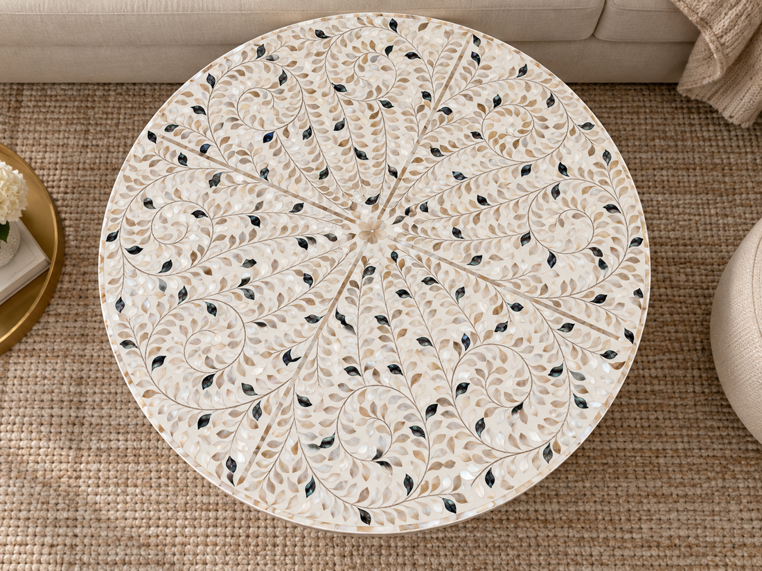 Mother of Pearl Inlay Round Coffee Table – White with Black Accents and Brass Base