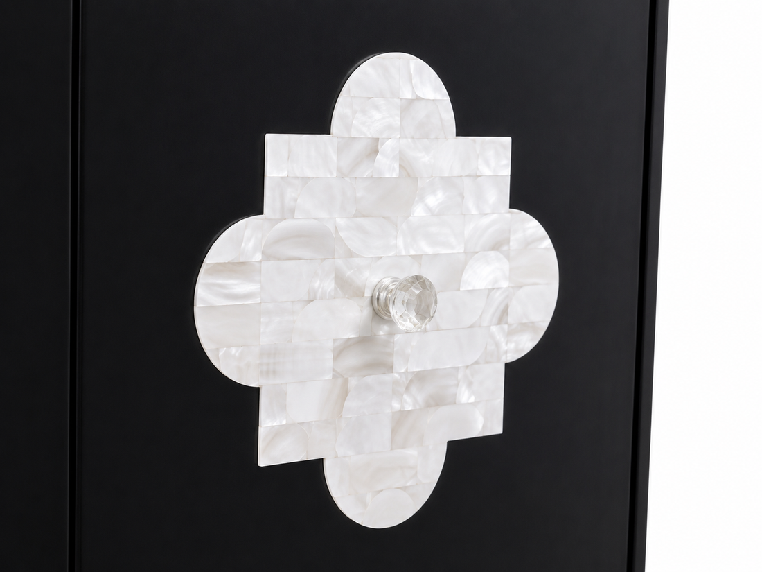 Mother of Pearl Inlay Black 4-Door TV Unit Media Cabinet
