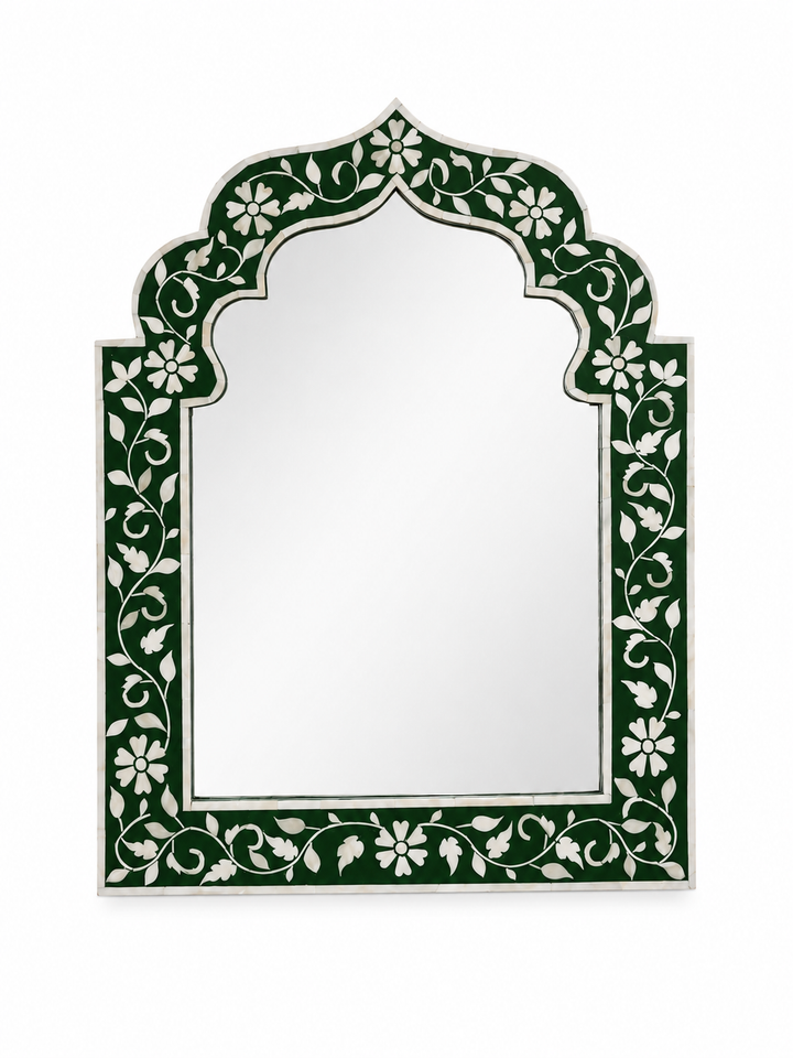 Bone Inlay Green & White Floral Design Mirror Frame