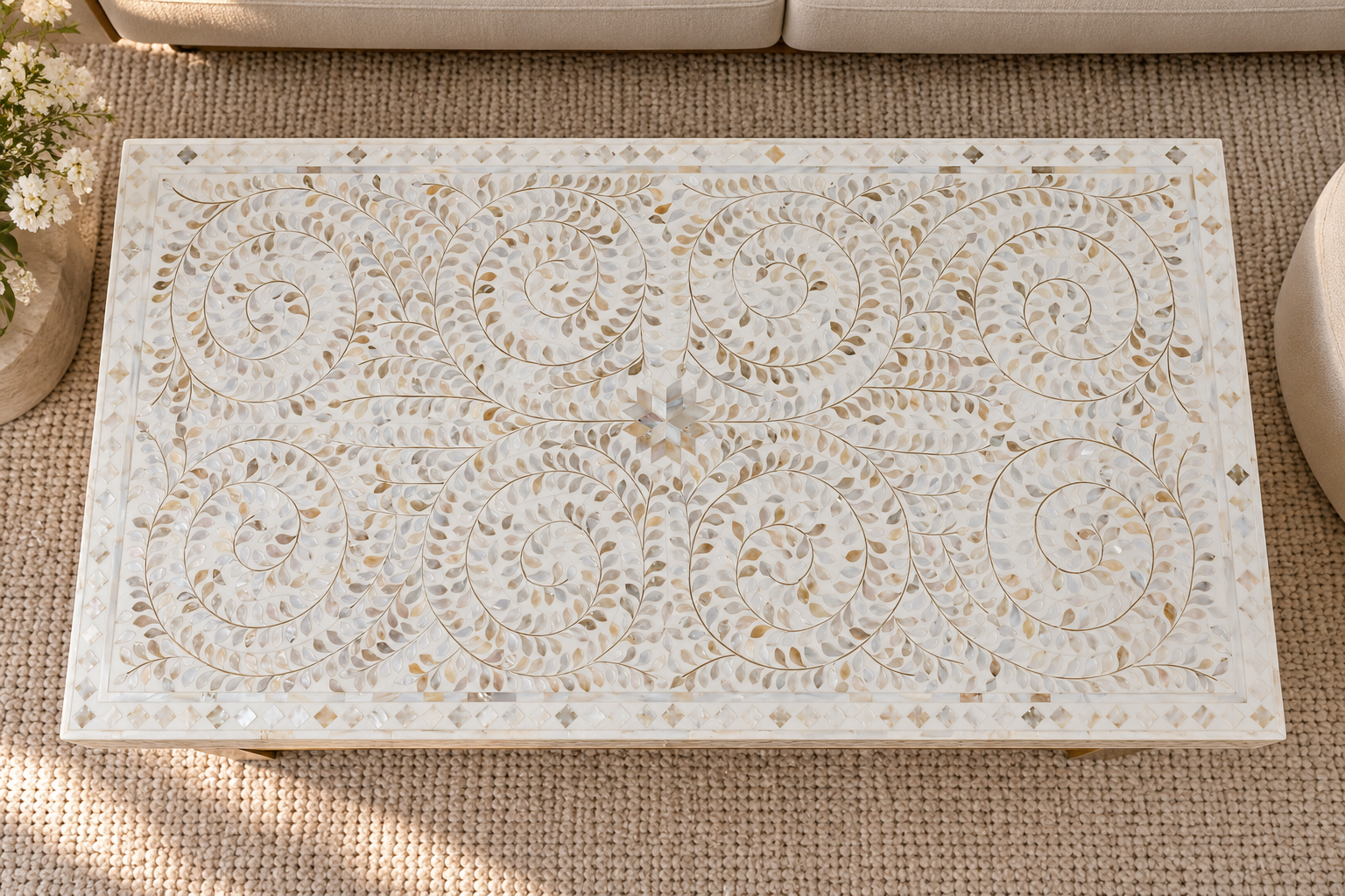 Mother of Pearl Inlay Rectangle Coffee Table – White with Brass Legs