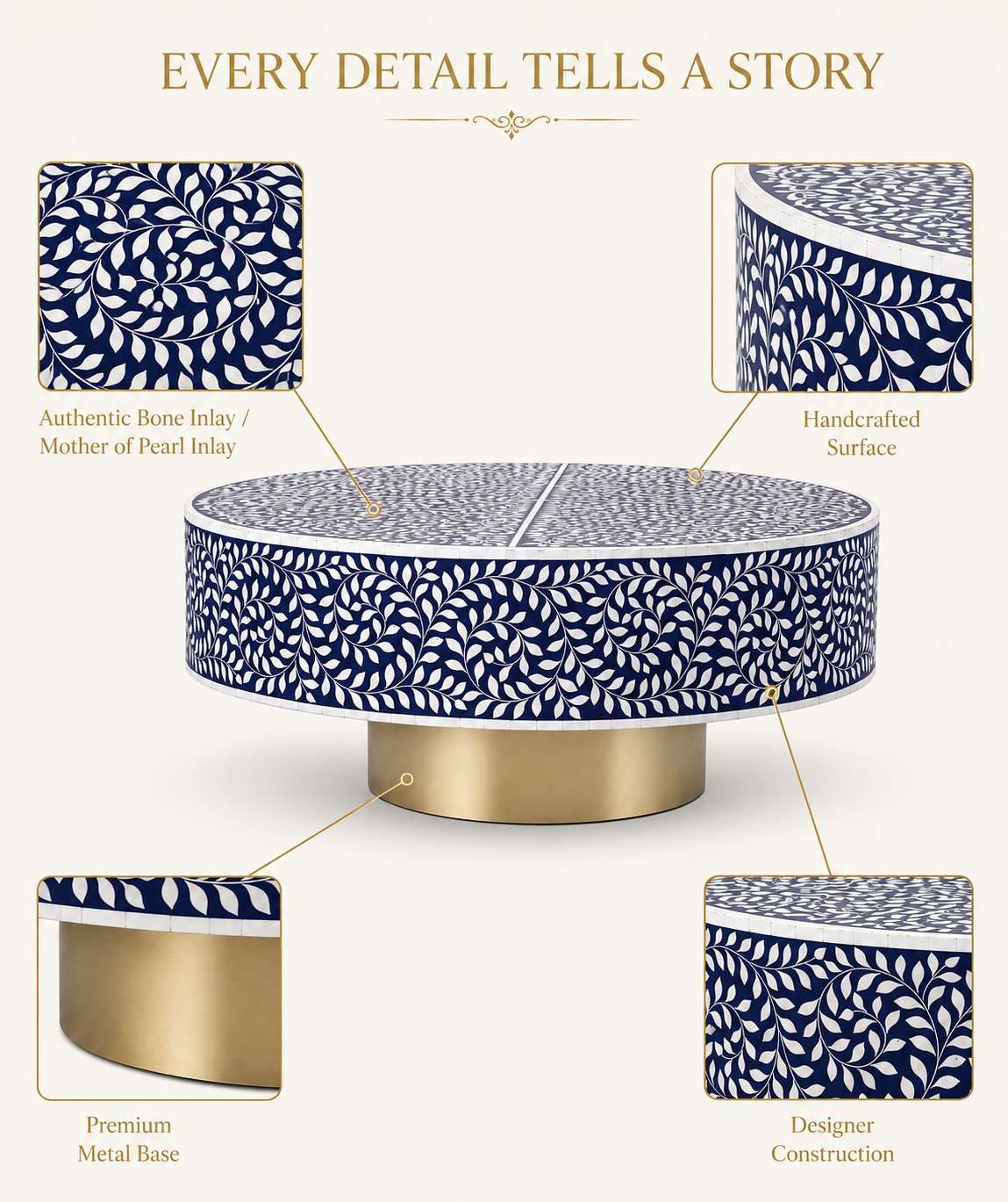Navy Blue Bone Inlay Round Coffee Table with Brass Pedestal Base | Handmade Bone Inlay Furniture