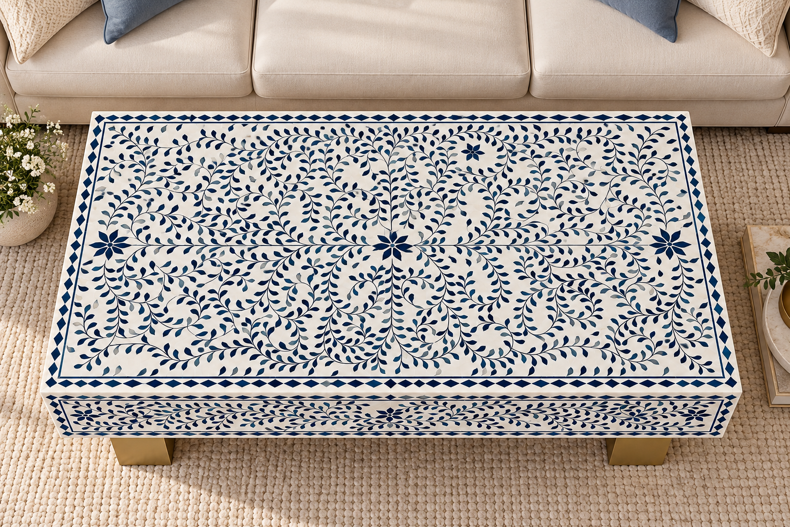 Blue Bone Inlay Rectangular Coffee Table, White Resin Top with Brass Legs