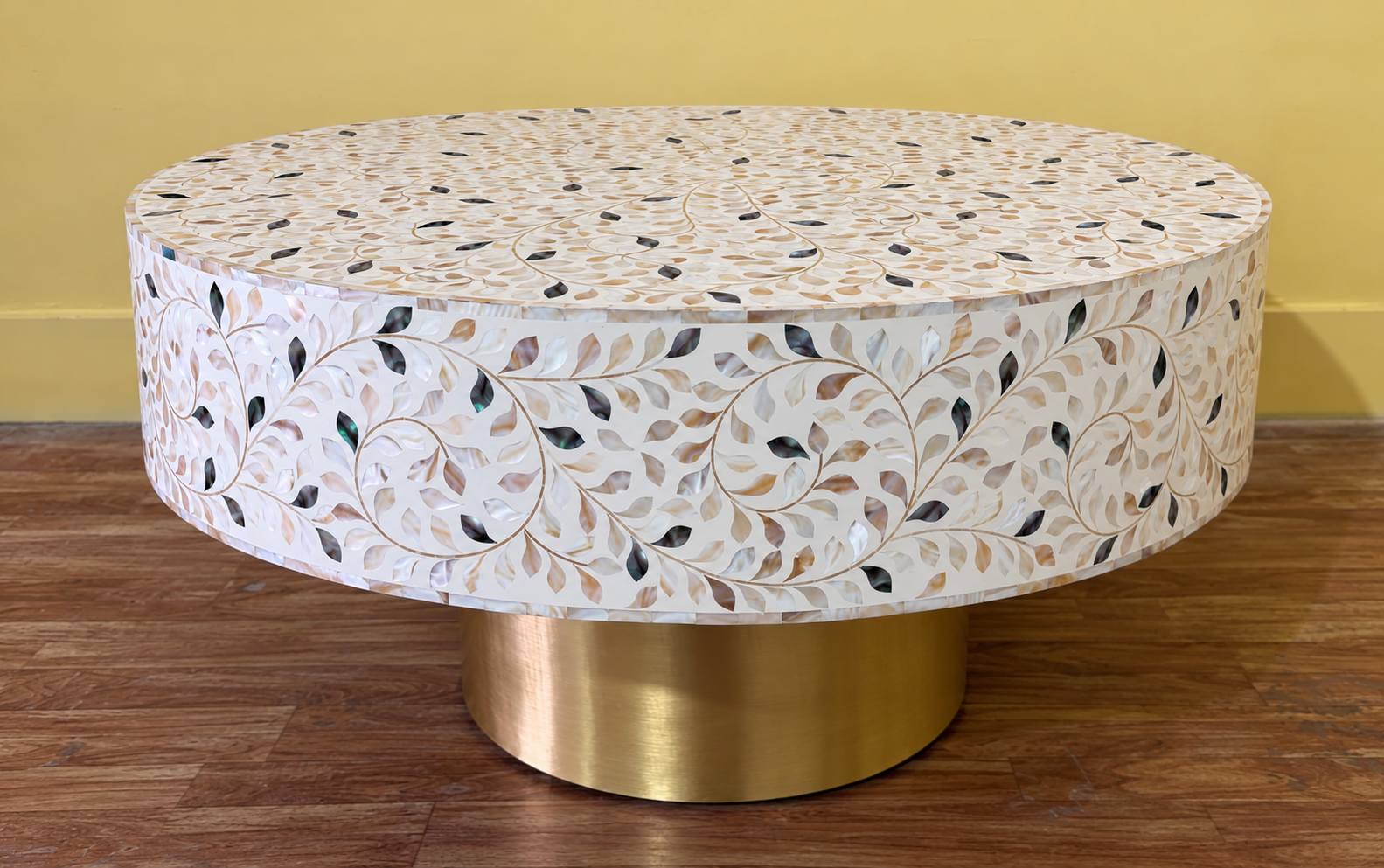 Mother of Pearl Inlay Round Coffee Table – White with Black Accents and Brass Base