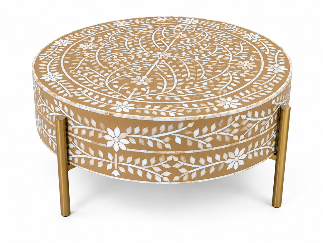 Brown and White Mother of pearl Inlay Round Coffee Table with Golden Legs
