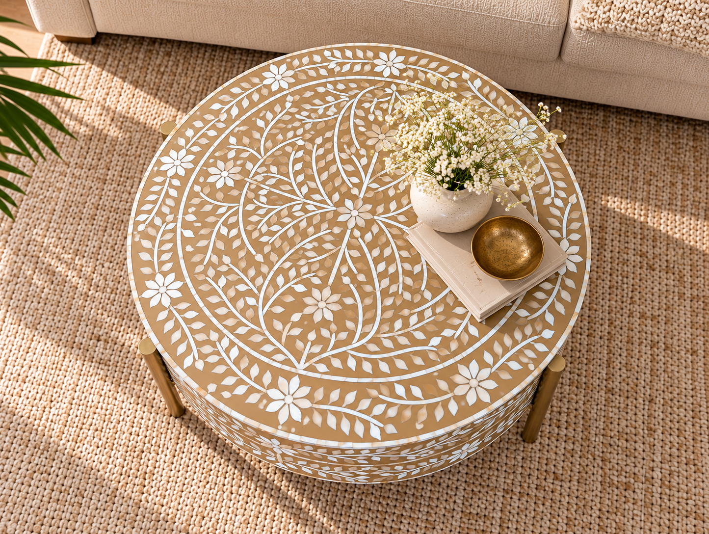 Brown and White Mother of pearl Inlay Round Coffee Table with Golden Legs