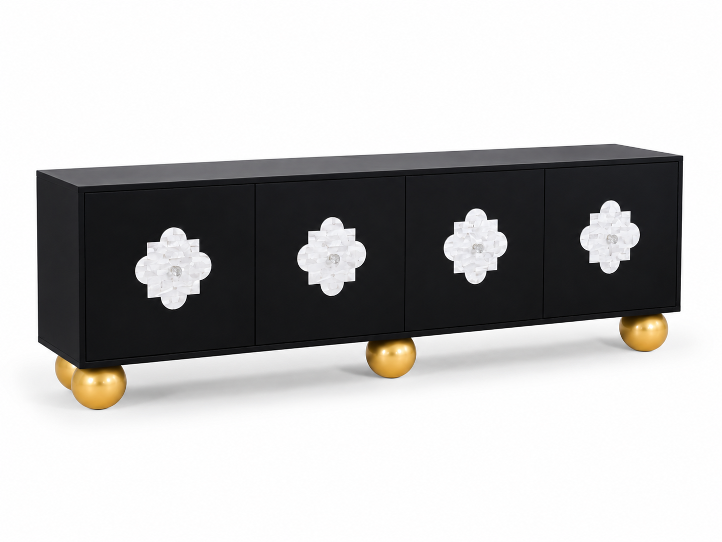 Mother of Pearl Inlay Black 4-Door TV Unit Media Cabinet