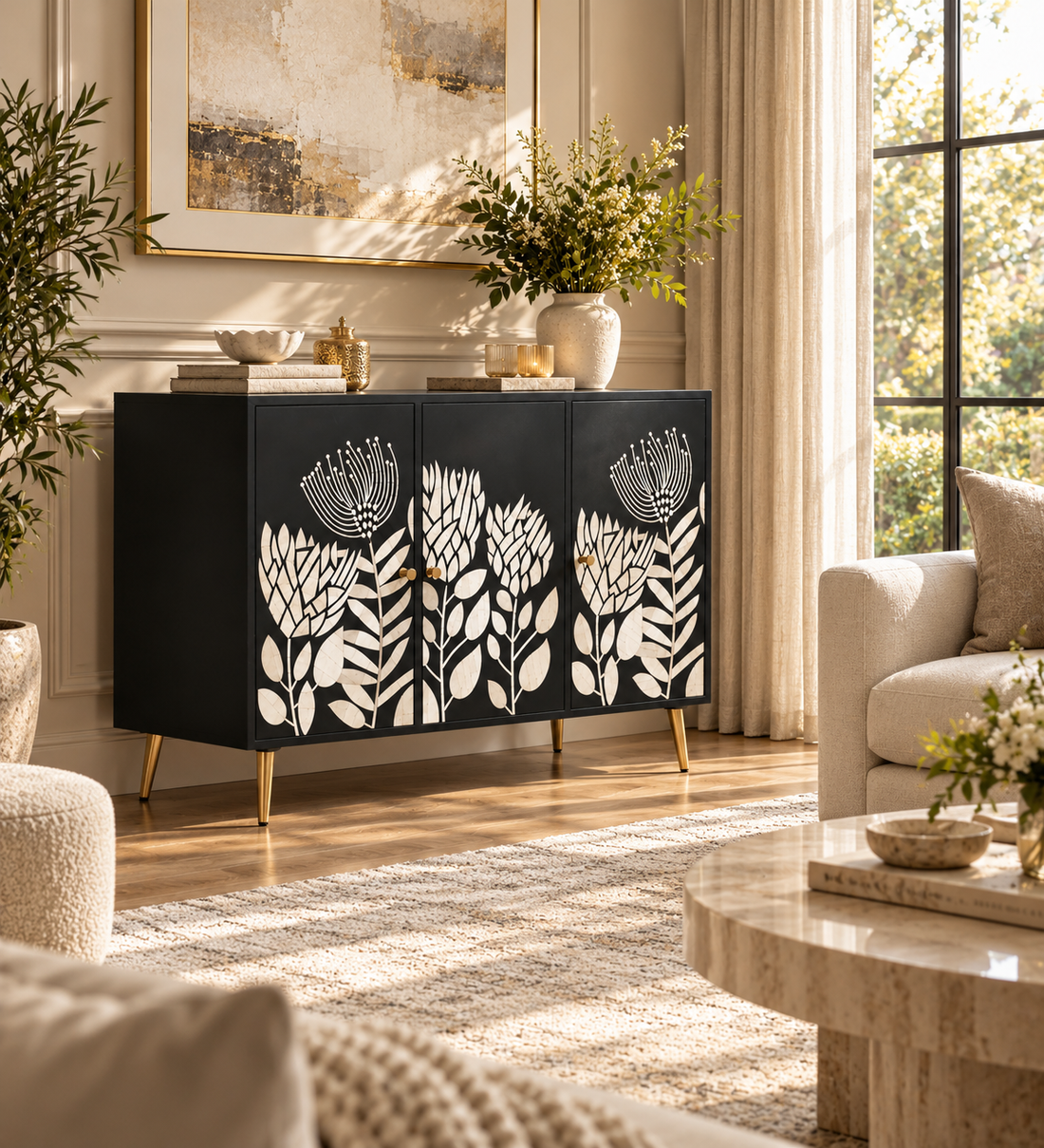Bone Inlay 3 Door 3 Drawer Cabinet Chest Black and White Floral Design