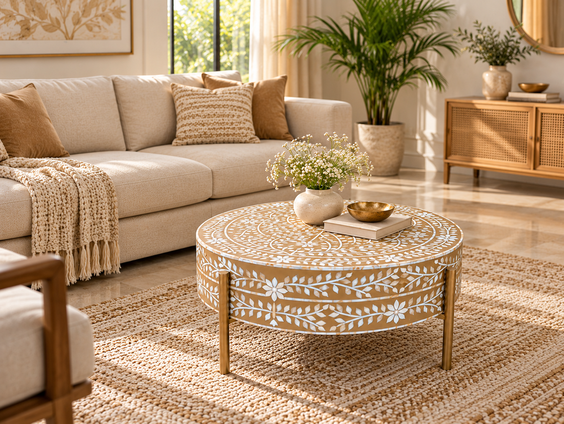 Brown and White Mother of pearl Inlay Round Coffee Table with Golden Legs