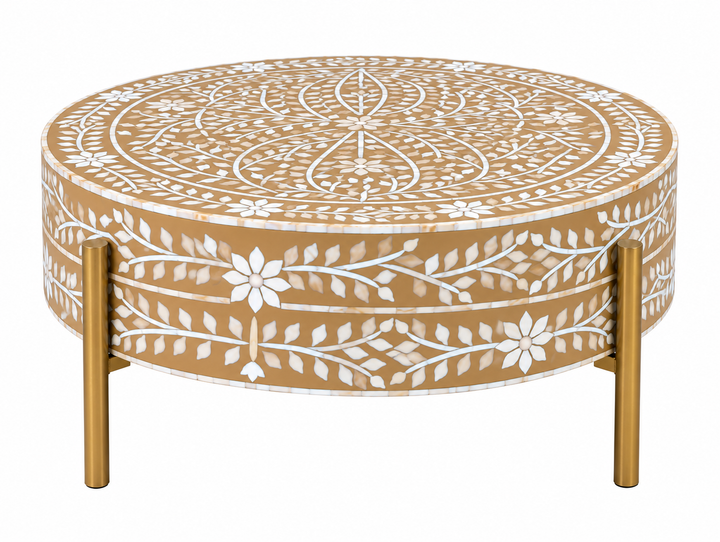 Brown and White Mother of pearl Inlay Round Coffee Table with Golden Legs