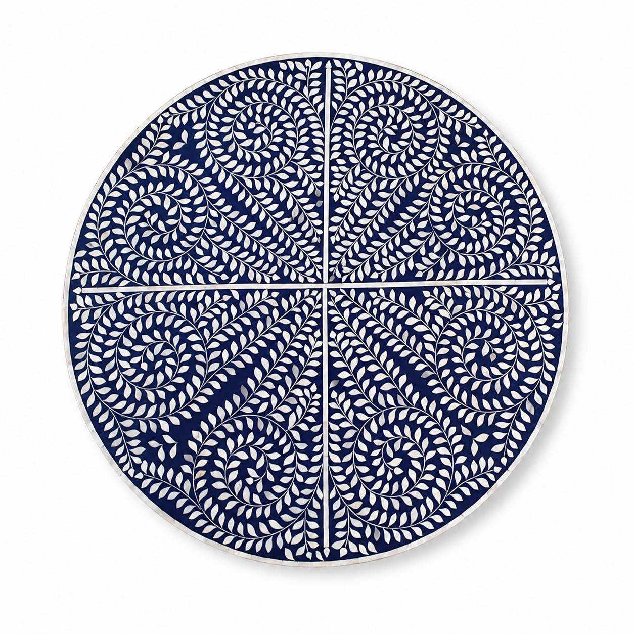 Navy Blue Bone Inlay Round Coffee Table with Brass Pedestal Base | Handmade Bone Inlay Furniture