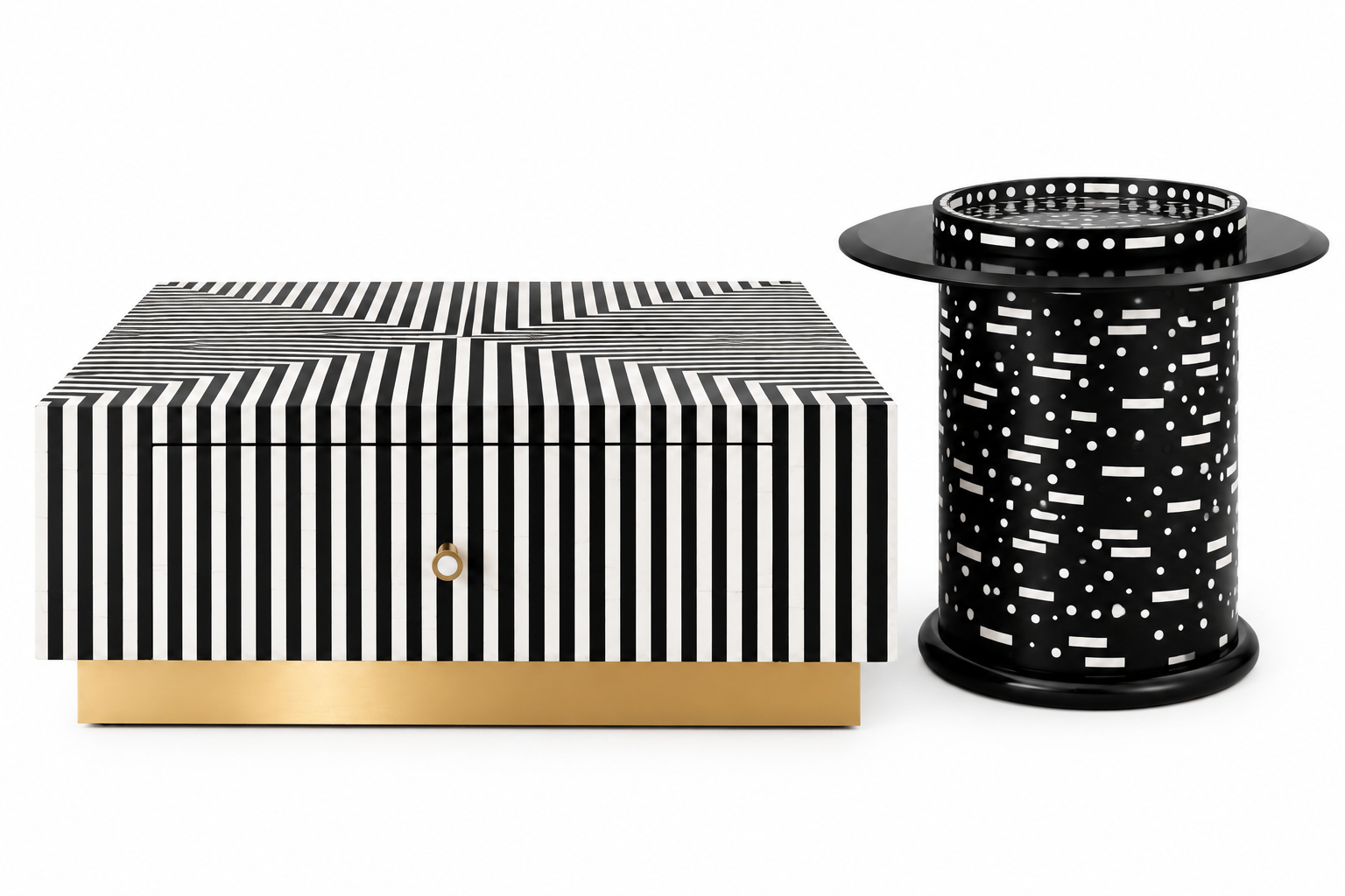 Bone Inlay Coffee Table Set of 2 with 1 Drawer, Black and White Square Coffee Table and Round Side Table with Grey Glass and Brass Stand