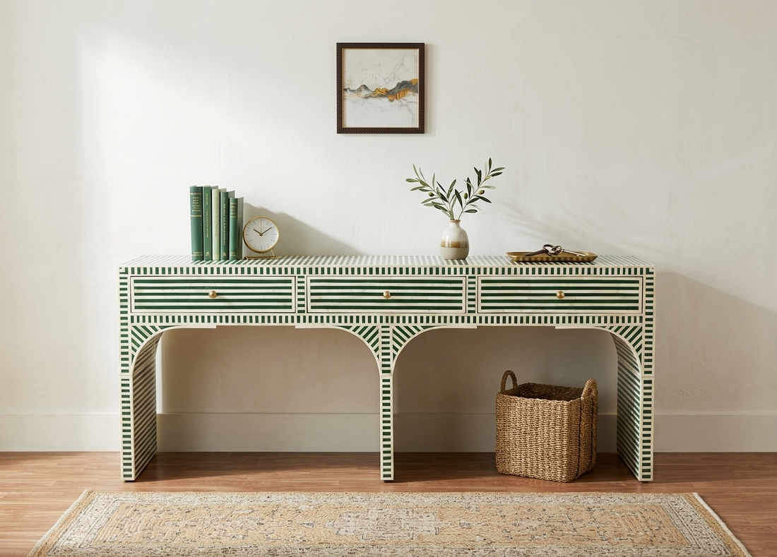 Green and white bone inlay 3 drawer console table with striped pattern
