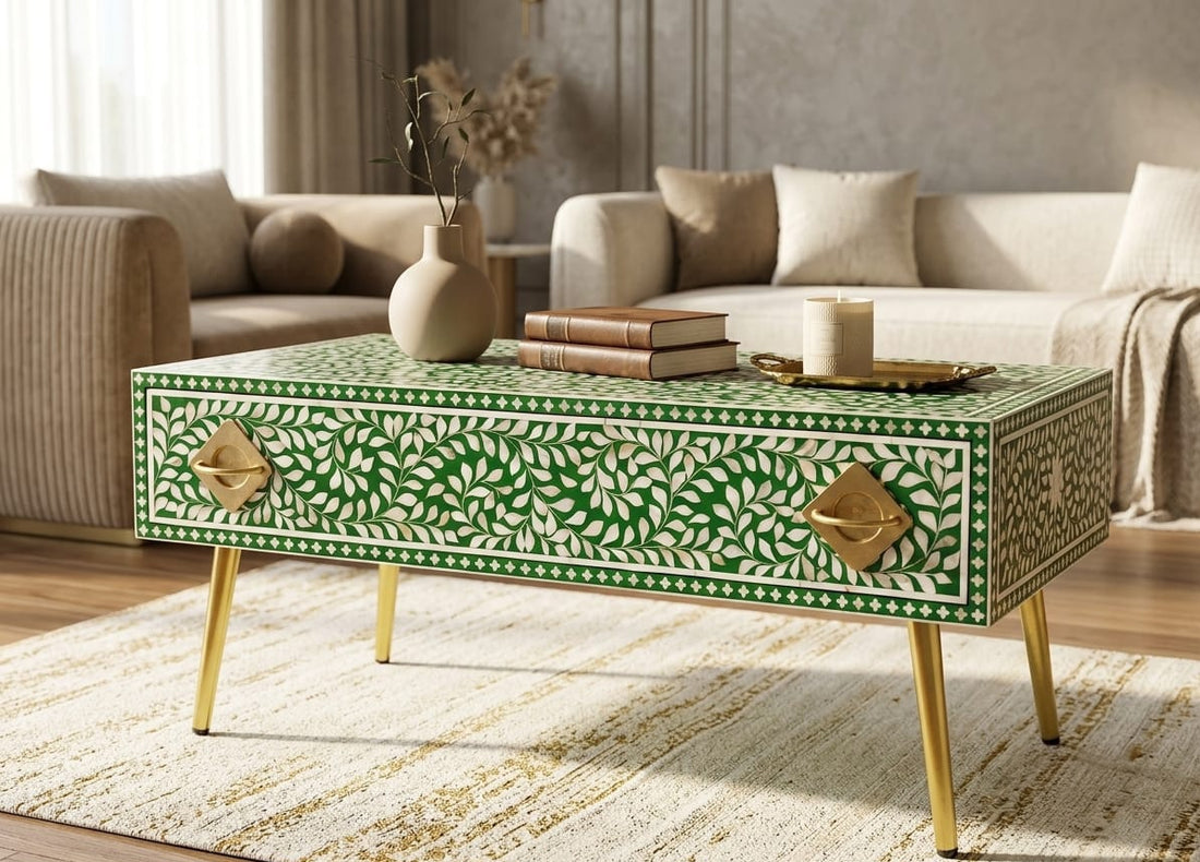 Green and white mother of pearl inlay coffee table with one drawer, brass handles, and brass-tone legs