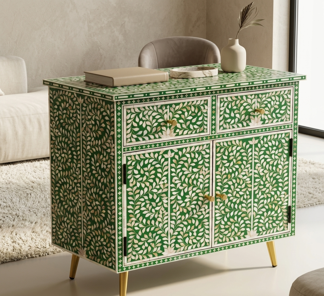 Green and white mother of pearl inlay 2 drawer 2 door cabinet with floral design