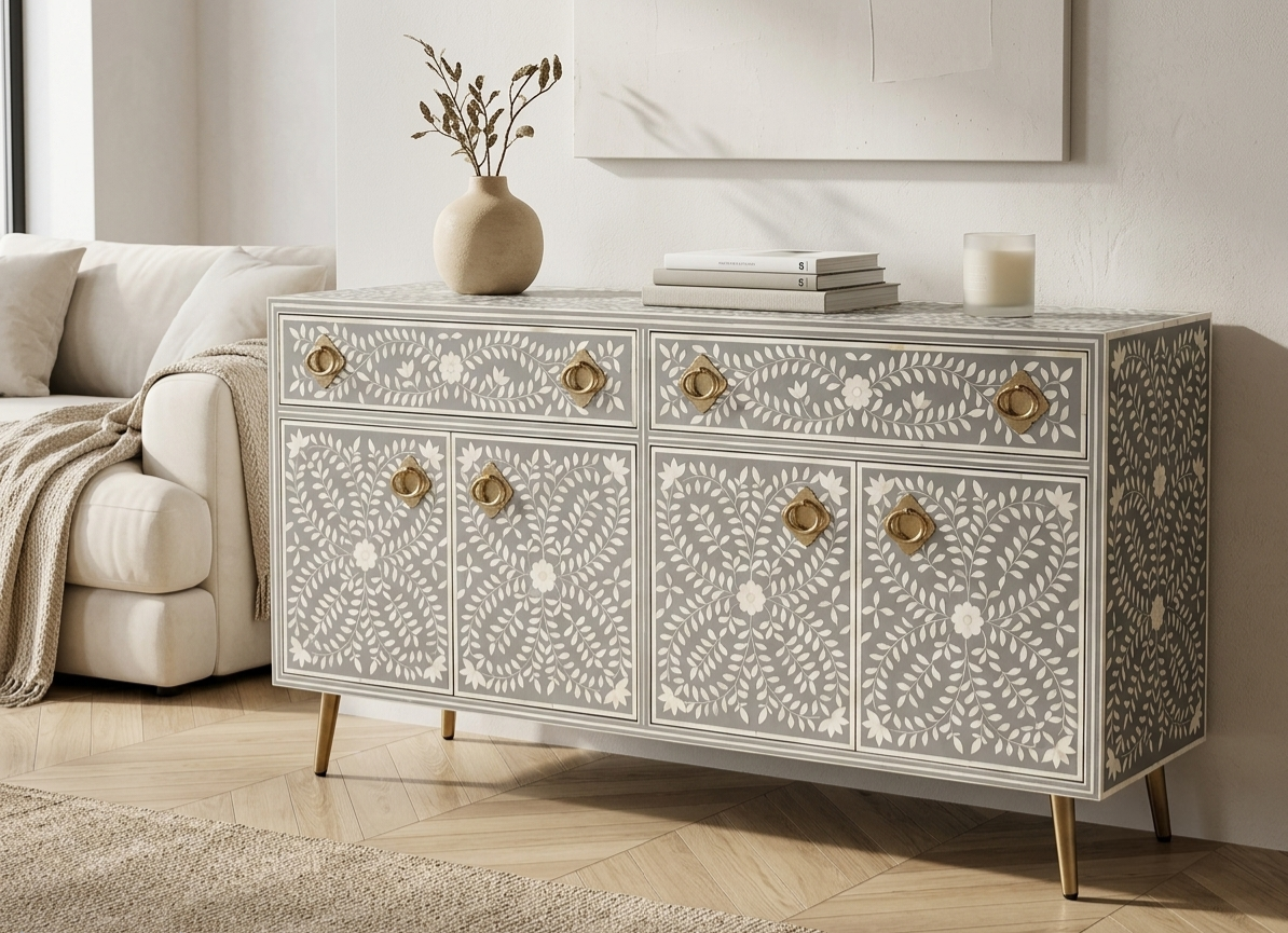 Handmade Grey Bone Inlay 2 Drawer 4 Door Buffet Cabinet with Brass Handles