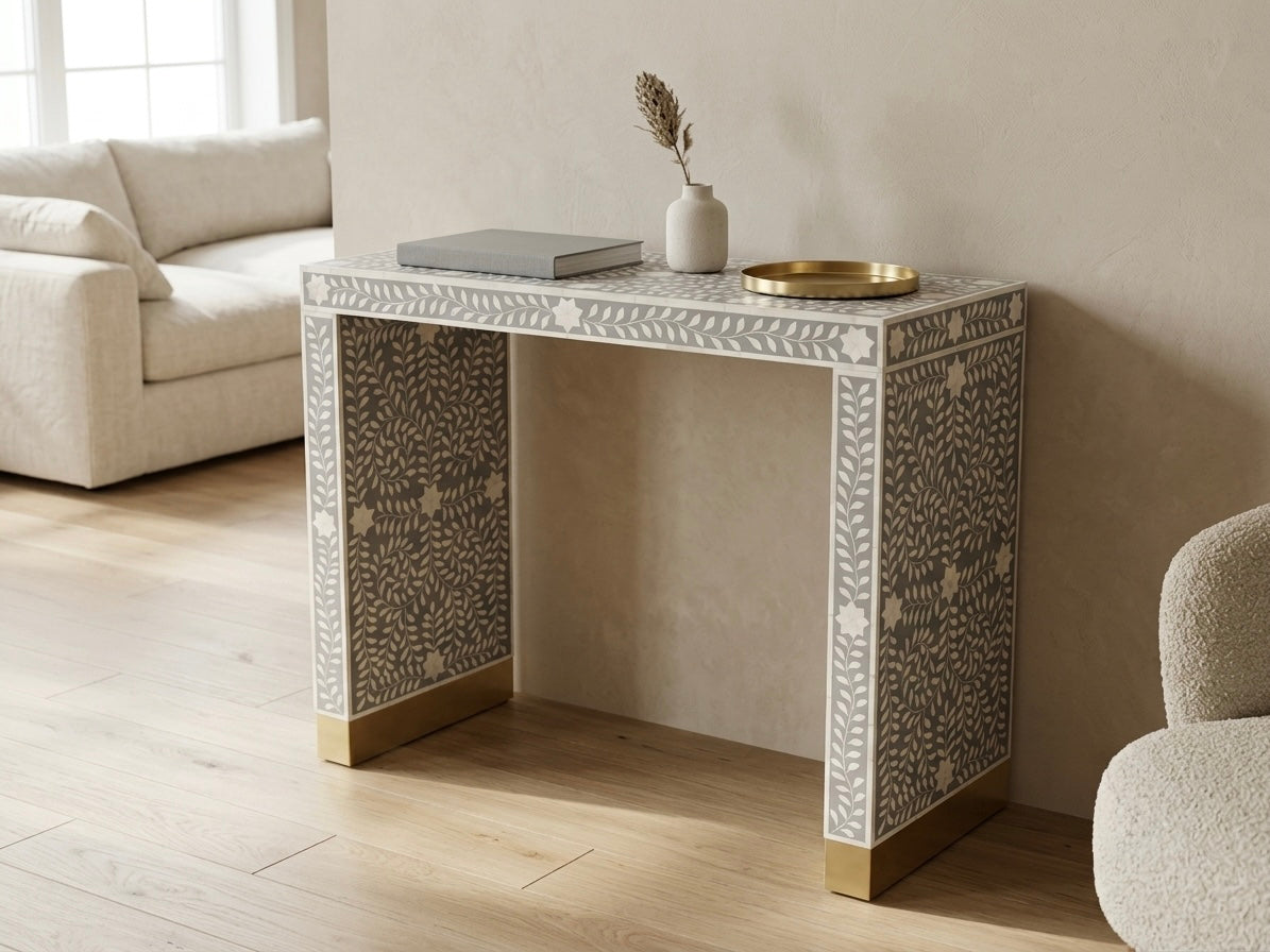 Handcrafted Grey Bone Inlay Console Table with Floral Inlay Design