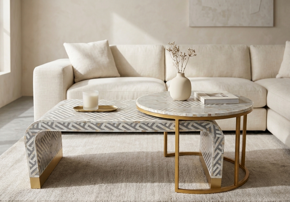 Handcrafted Grey Mother of Pearl Inlay U-Shaped Coffee Table with Round Nesting Table