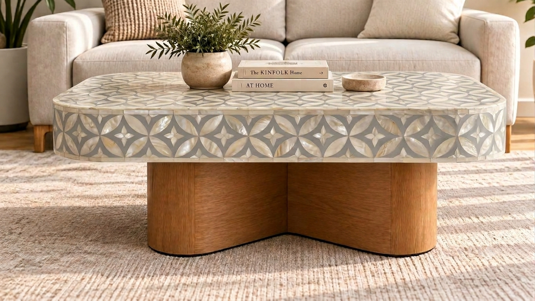 Grey and white Mother of Pearl Inlay coffee table with geometric floral pattern and sculptural wooden base